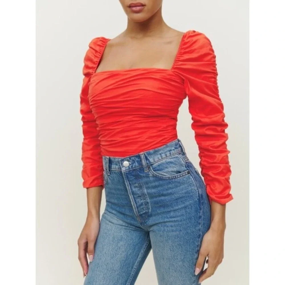 Reformation Joi Red Ruched Puff Sleeve‎ Top Square Neck Smocked Back Size 2
